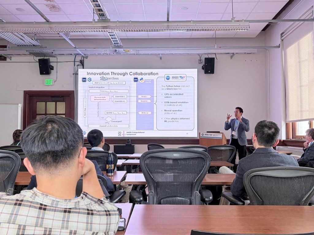 Gustavo A. Araújo R. presenting on GPU-accelerated solvers in OpenSees at the 2026 NHERI Computational Symposium, UC Berkeley