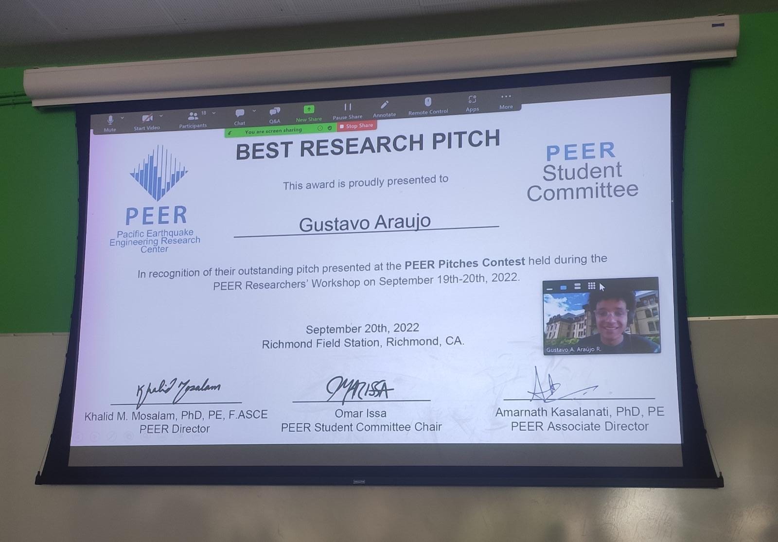 Best Research Pitch award certificate for Gustavo Araujo at the PEER Pitches Contest