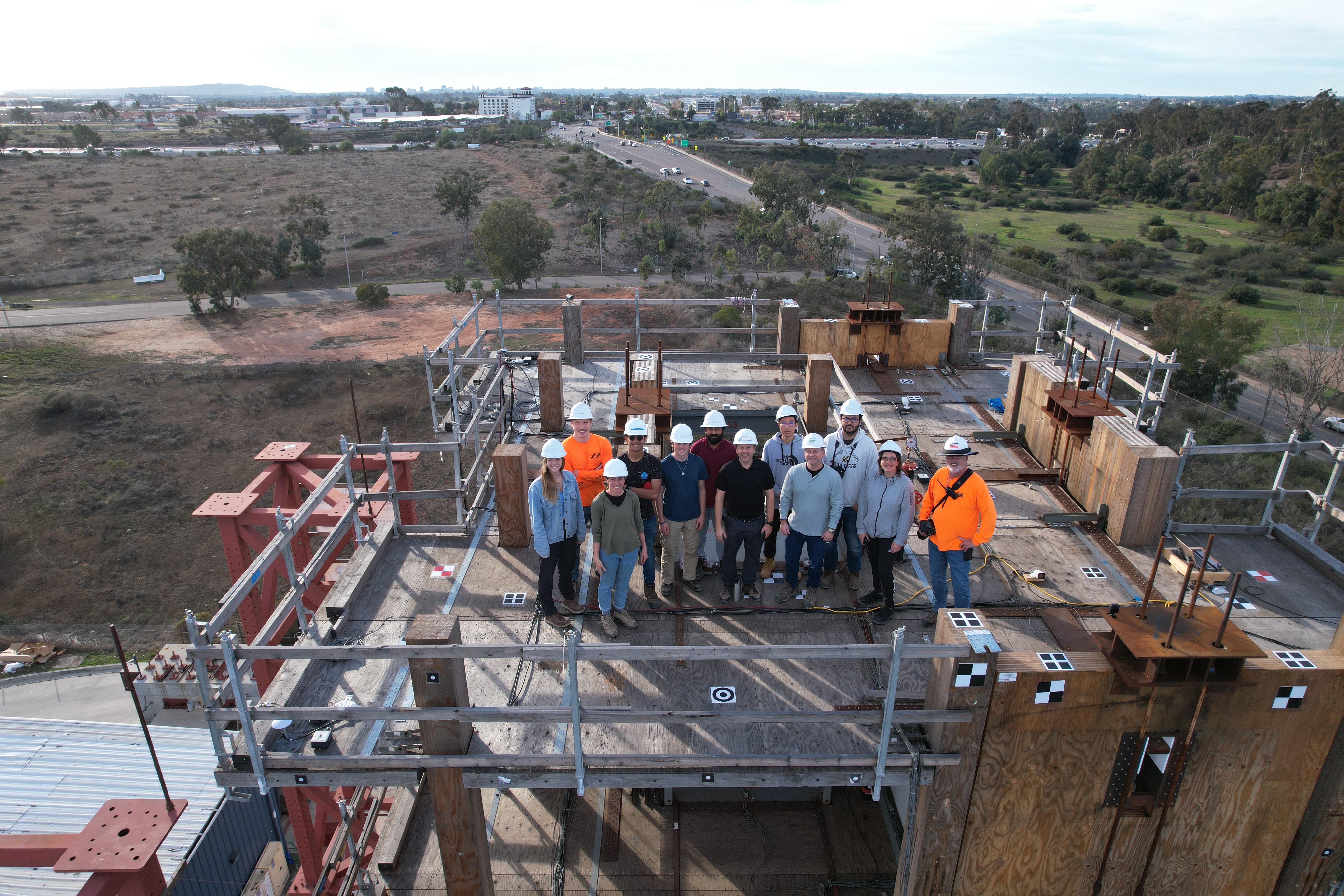 NHERI Converging Design team members at the UC San Diego shake-table facility during Phase II testing