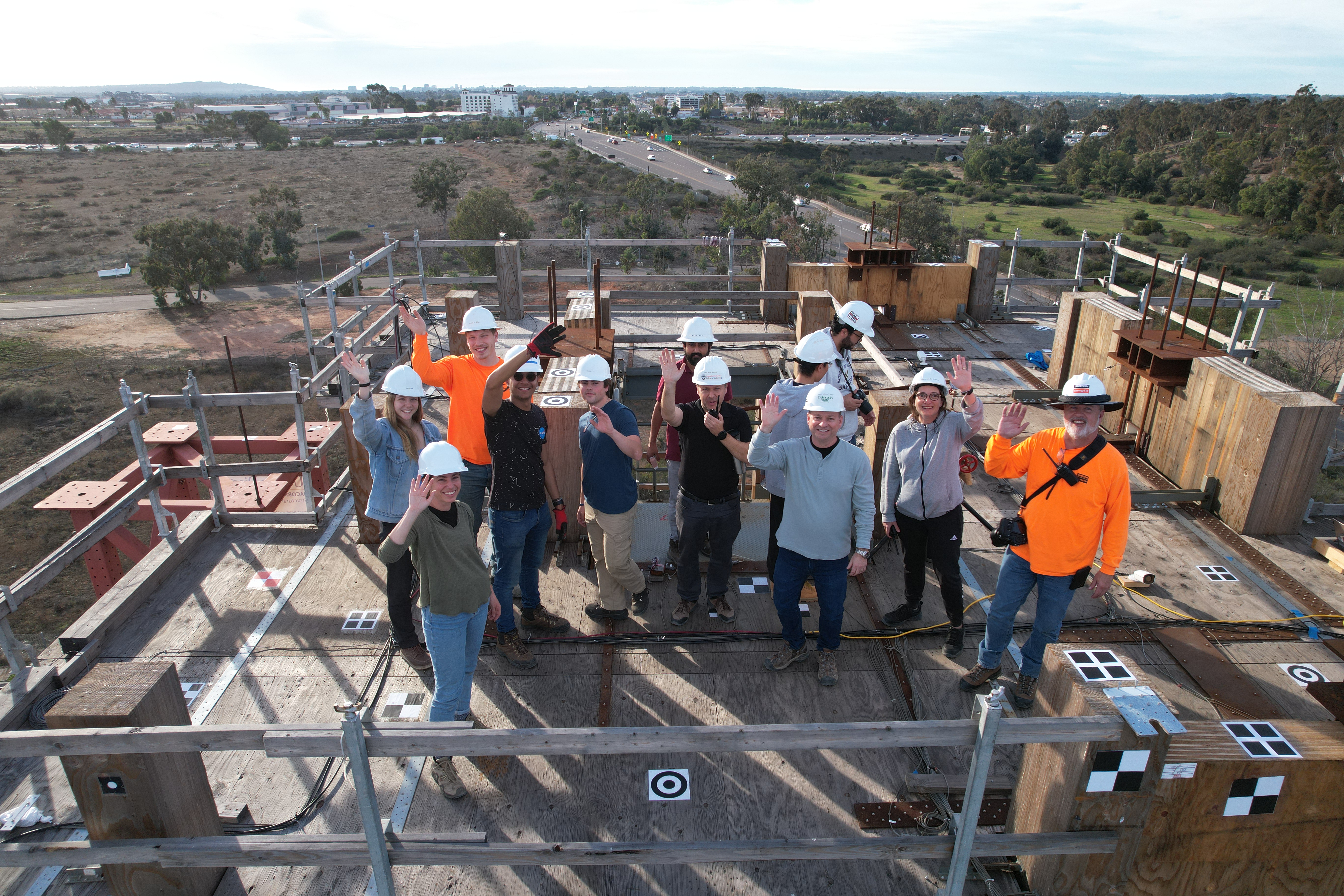 Investigators on site during the final days of six-story mass timber shake-table testing at UC San Diego